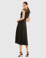 Black Beaded Cap Sleeve A Line Midi Dress