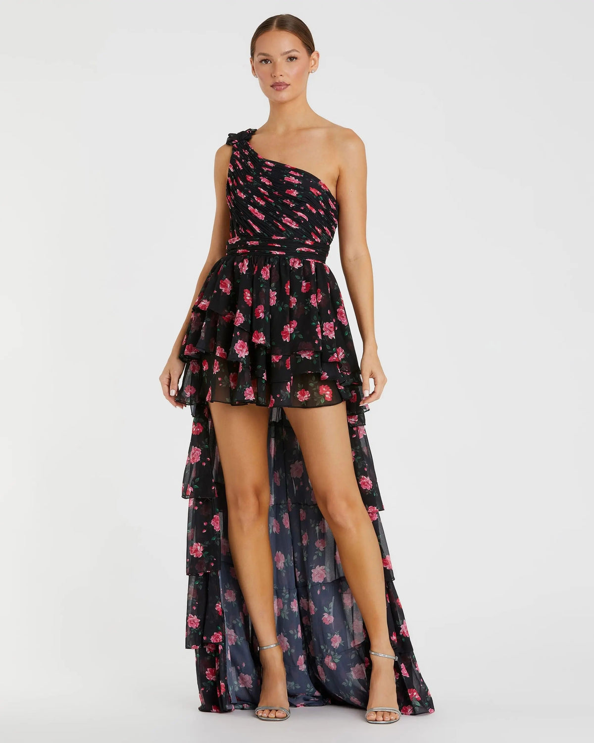 Black One Shoulder Ruffled Rose Print Layered High-Low Dress - FINAL SALE