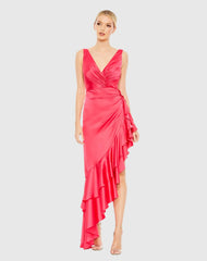 Pink Asymmetrical Ruffled Hem V Neck Dress - FINAL SALE