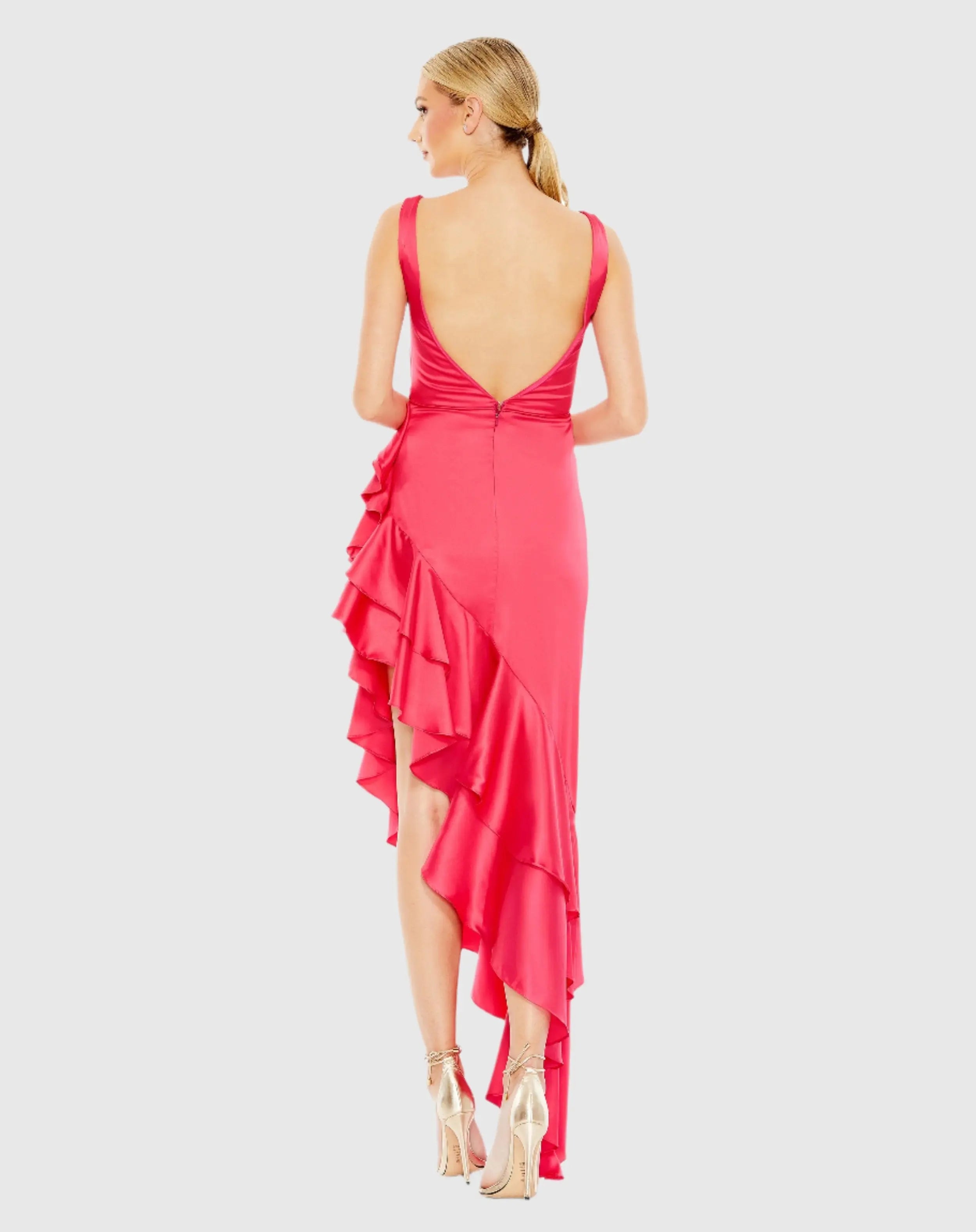 Pink Asymmetrical Ruffled Hem V Neck Dress - FINAL SALE