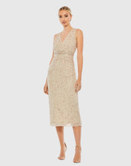 Beige Sequined Sleeveless V-Neck Midi Sheath Dress