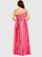 Pink One Shoulder Embellished Pleated Sleeveless Gown