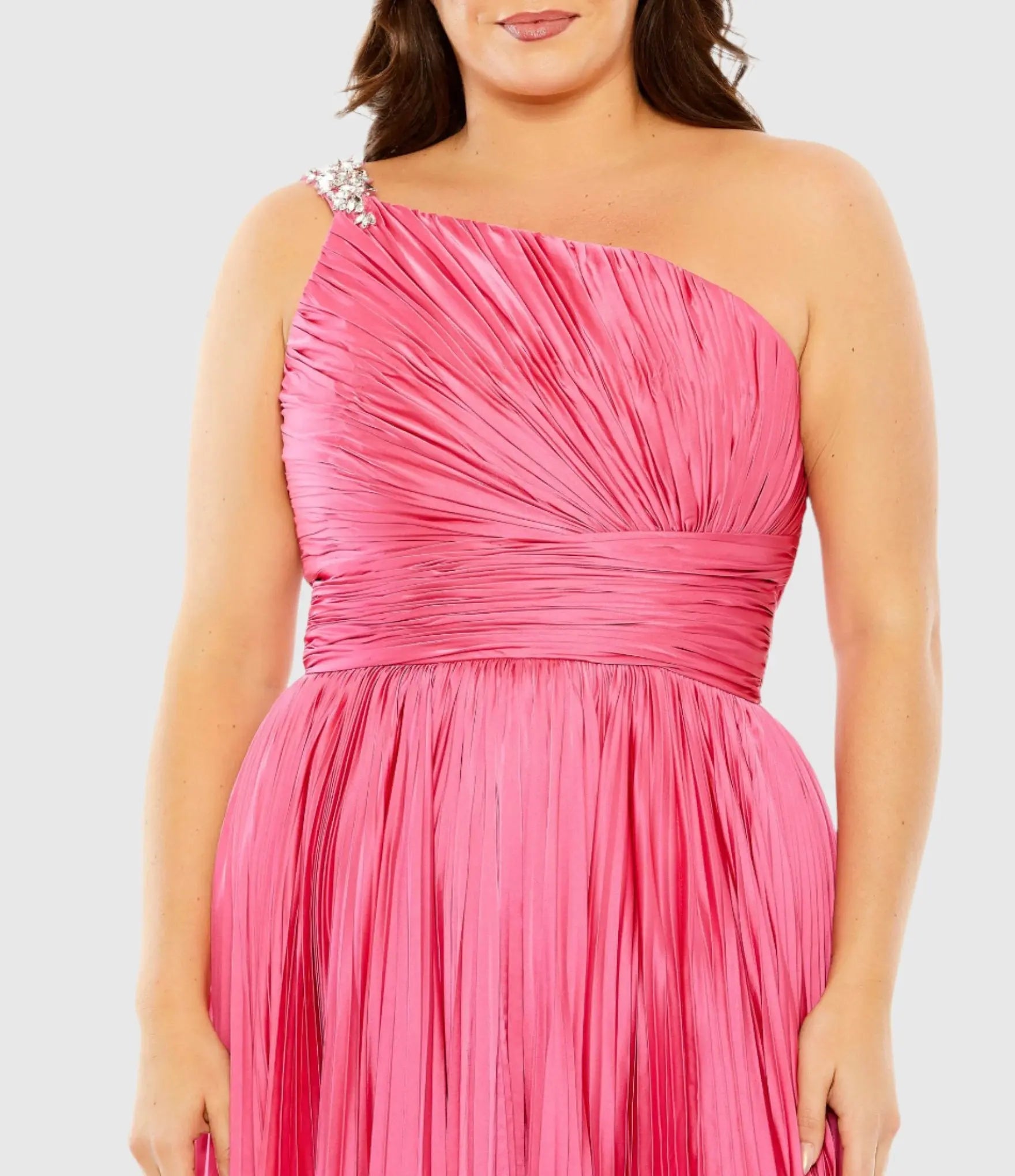 Pink One Shoulder Embellished Pleated Sleeveless Gown