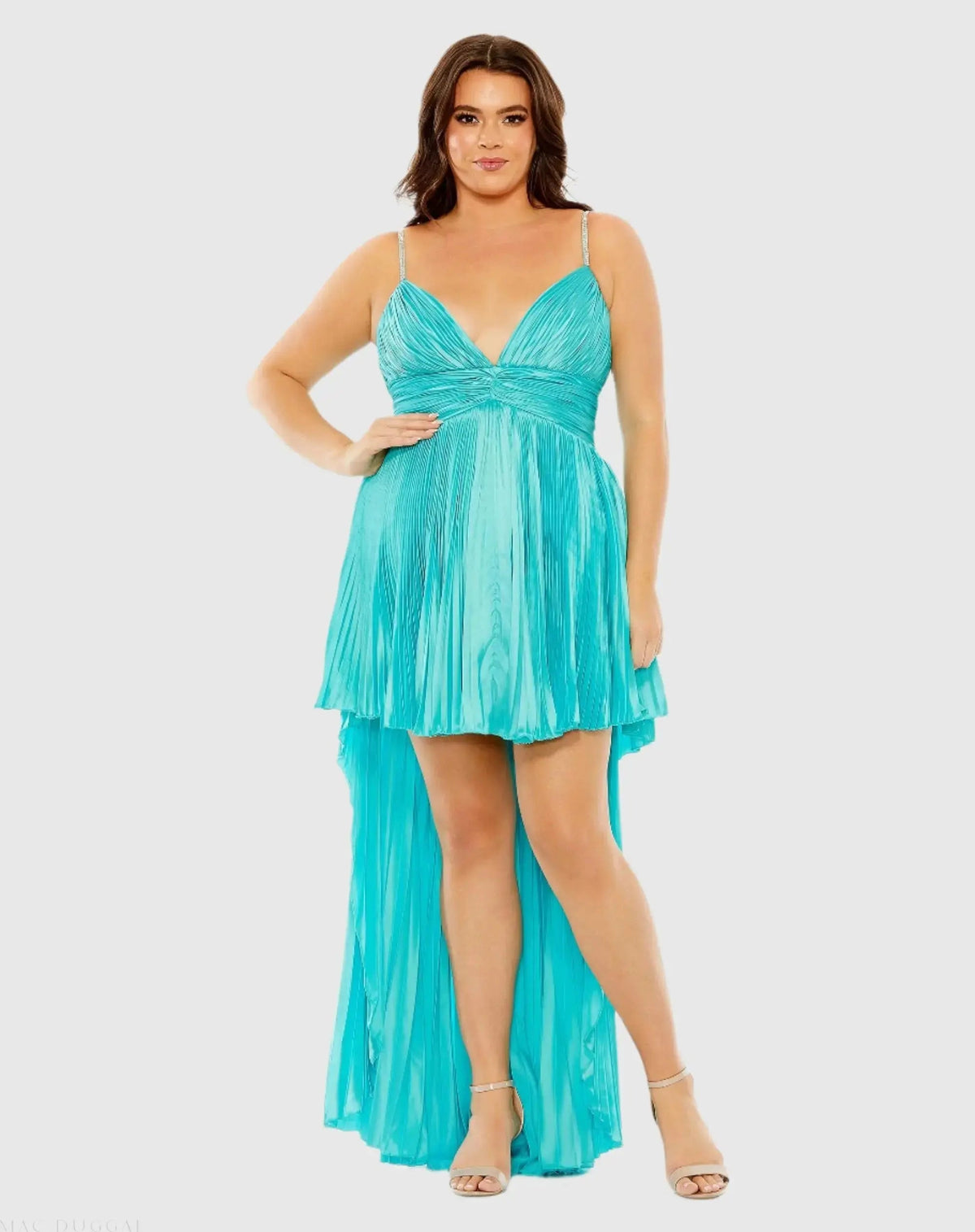 Blue Rhinestone High Low Pleated Gown