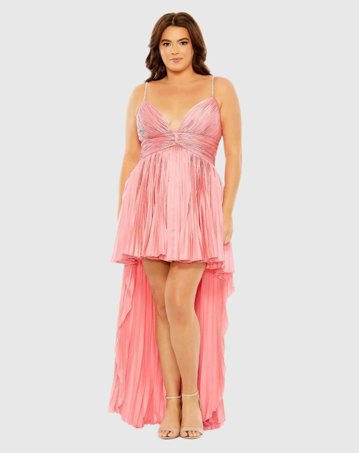 Pink Rhinestone High Low Pleated Gown - FINAL SALE