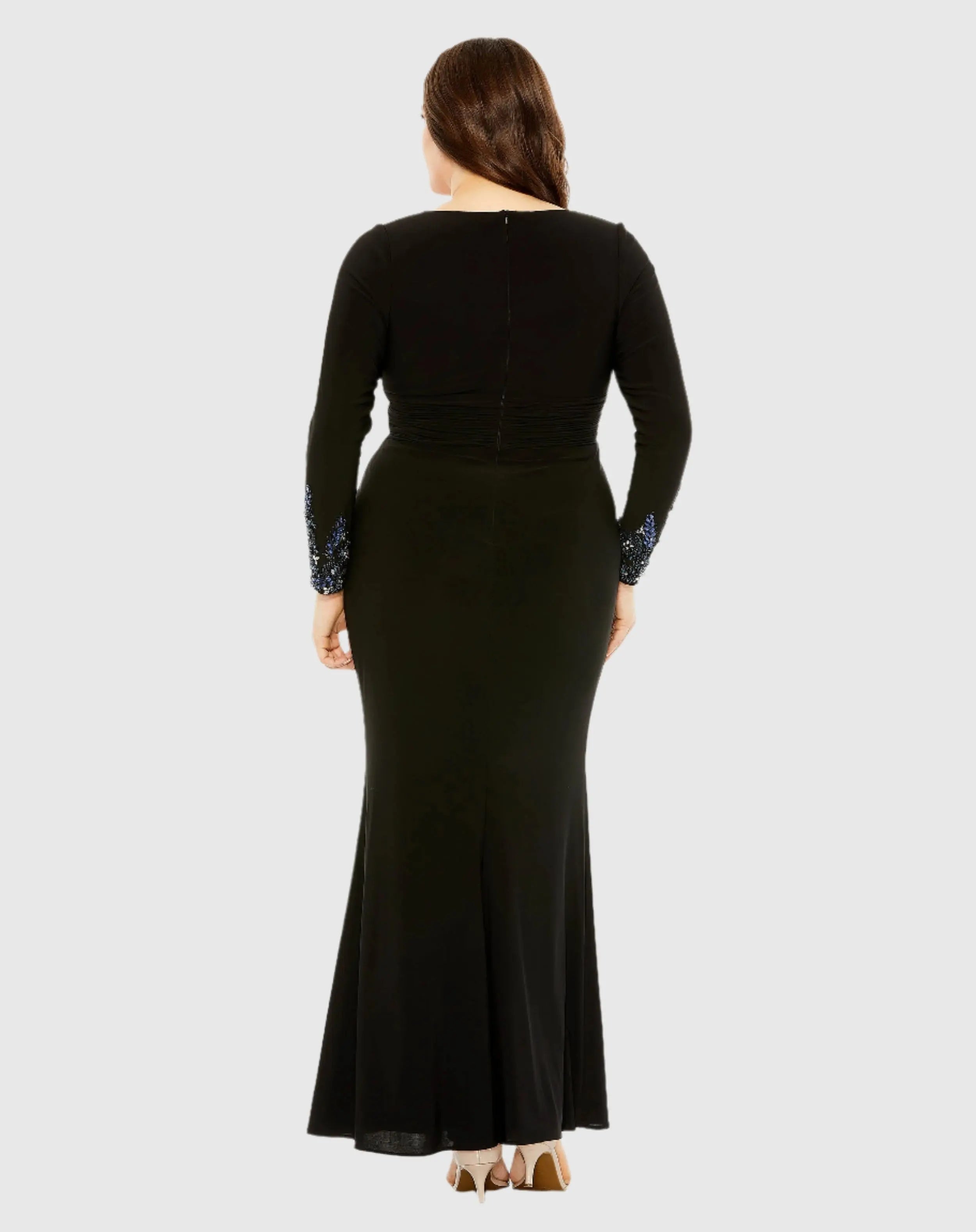 Black Long Crystal Detail Sleeve V Neck Gown