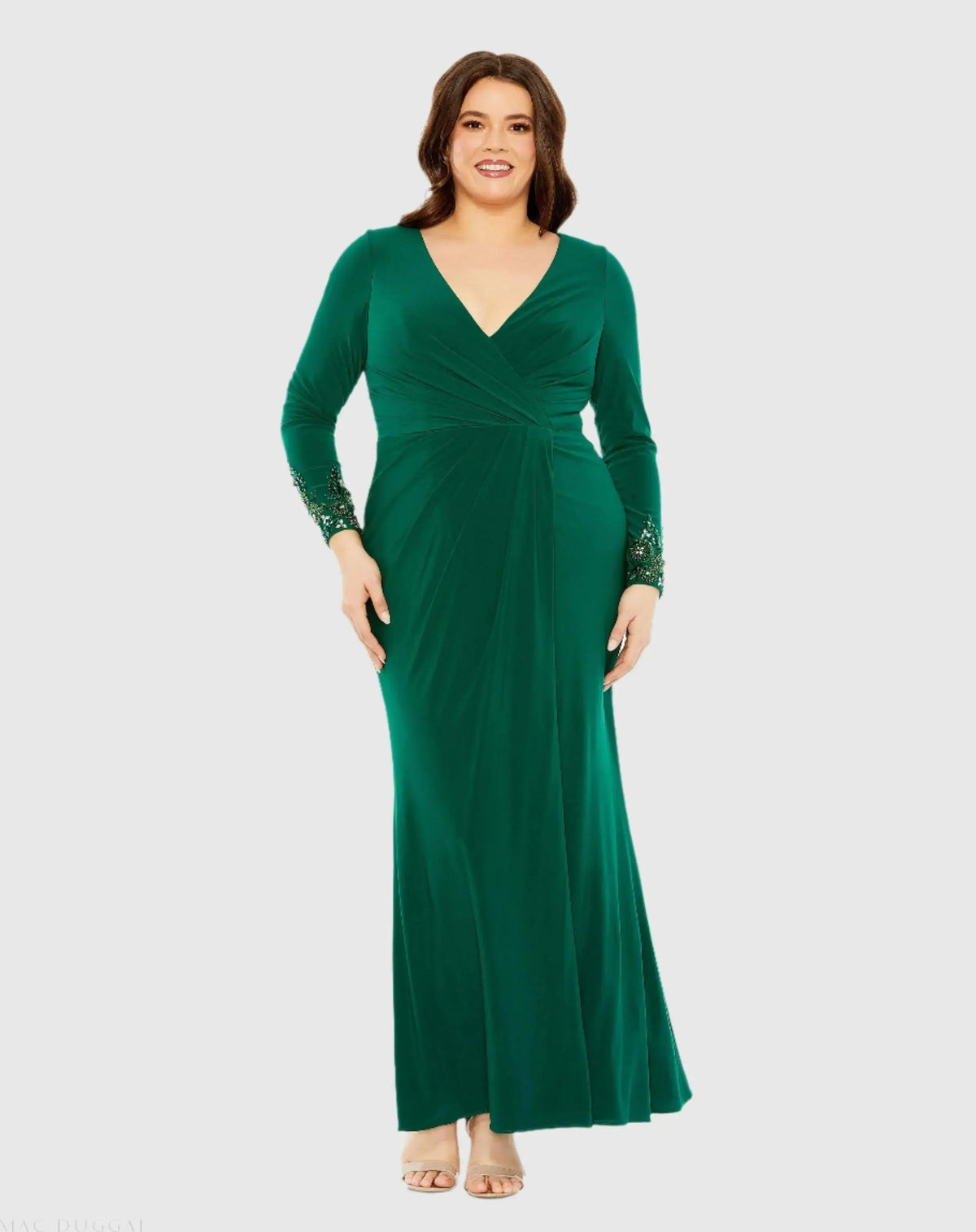 Green Long Crystal Detail Sleeve V Neck Gown