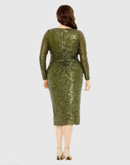 Green Long Sleeve Sequin Gathered Waist Dress