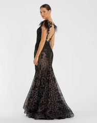 Black Embellished Feather Cap Sleeve Illusion Neck Trumpet Gown