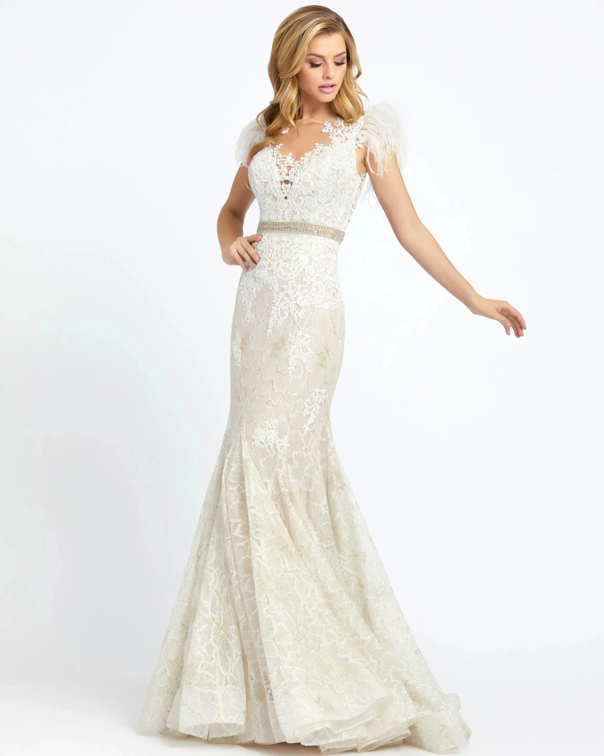 White Embellished Feather Cap Sleeve Illusion Neck Trumpet Gown
