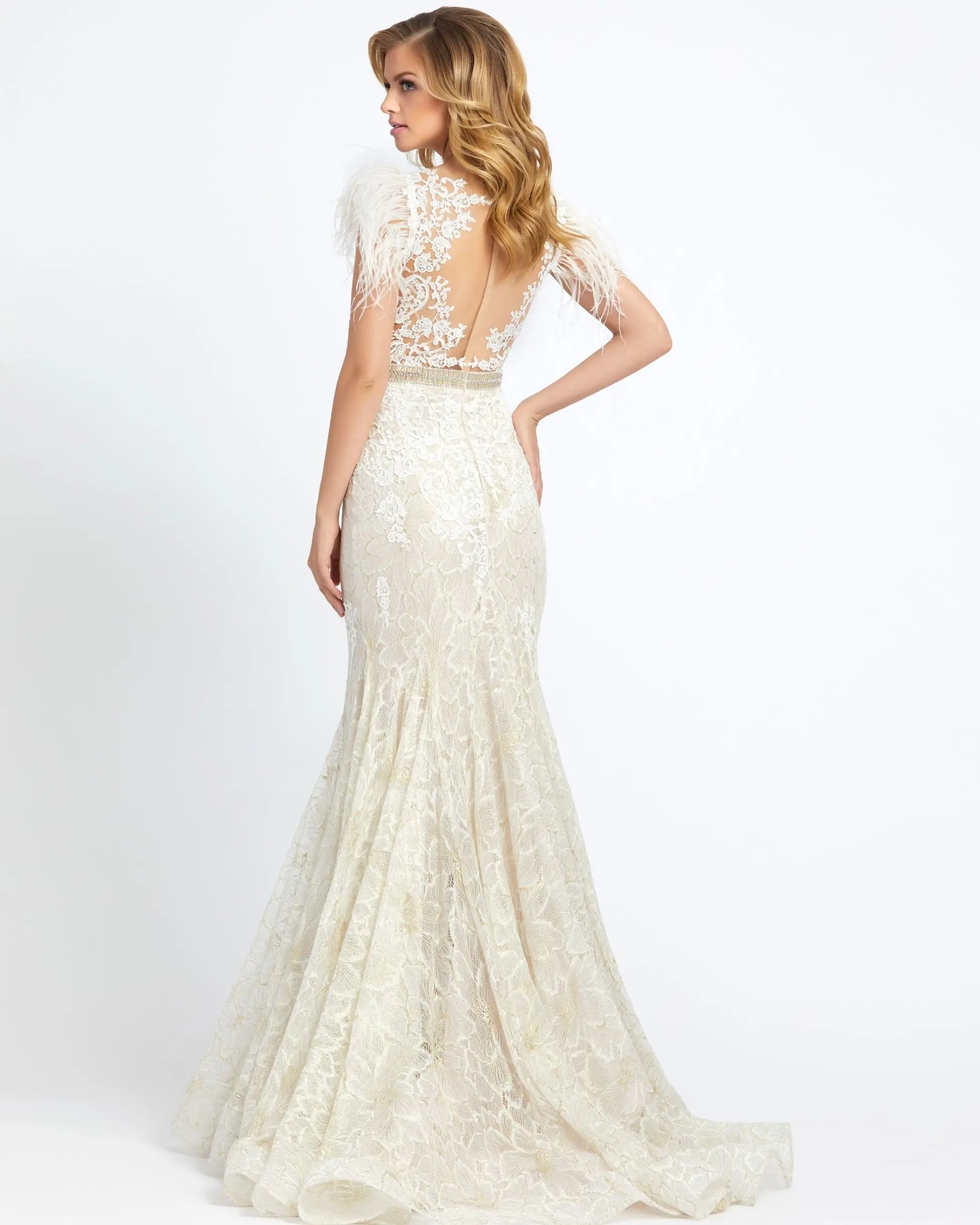 White Embellished Feather Cap Sleeve Illusion Neck Trumpet Gown