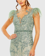 Green Embellished Feather Cap Sleeve Illusion Neck Trumpet Gown