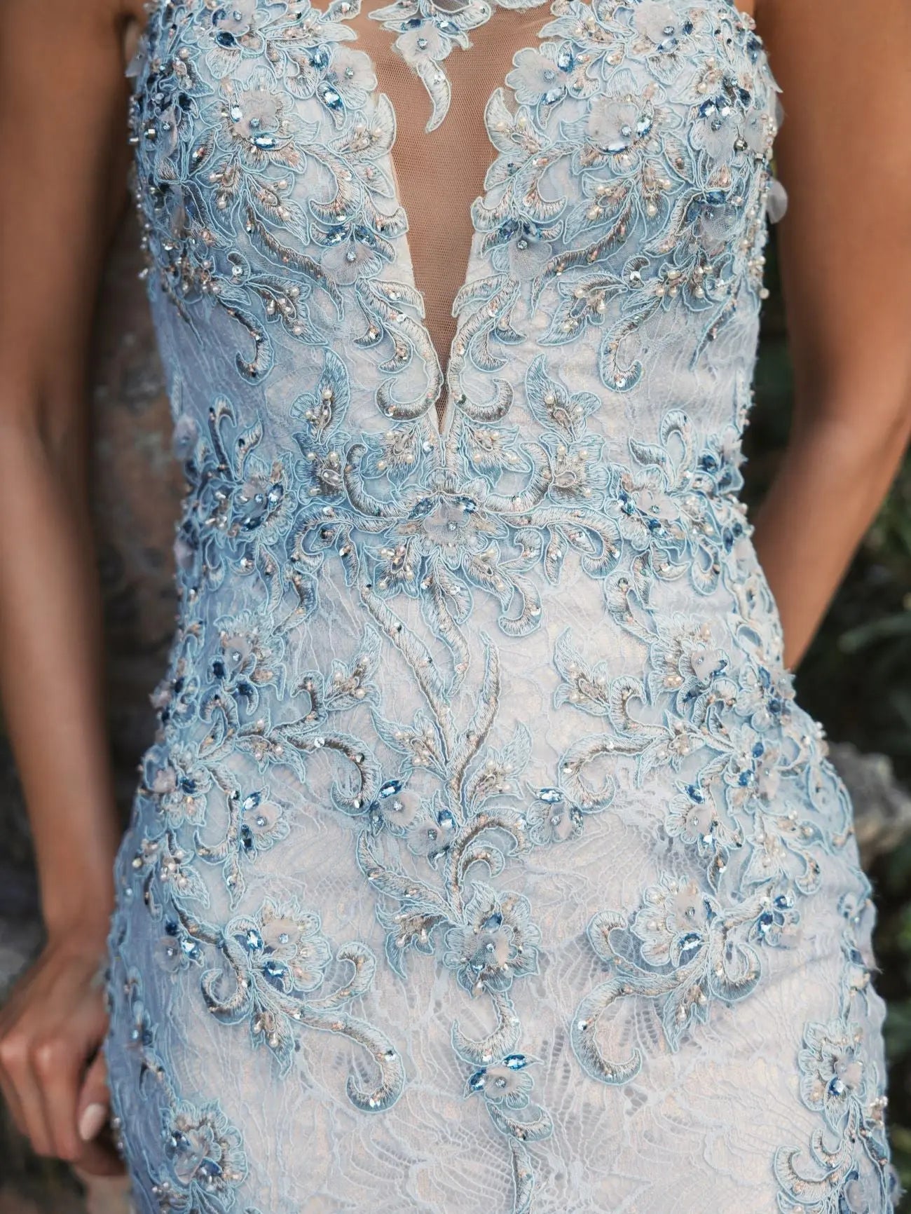 Blue Embroidered Applique Feathered One Shoulder Trumpet Gown