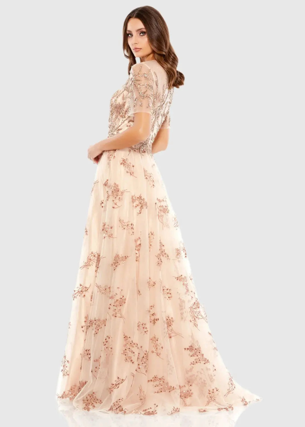 Pink Embellished Illusion Short Sleeve A Line Gown