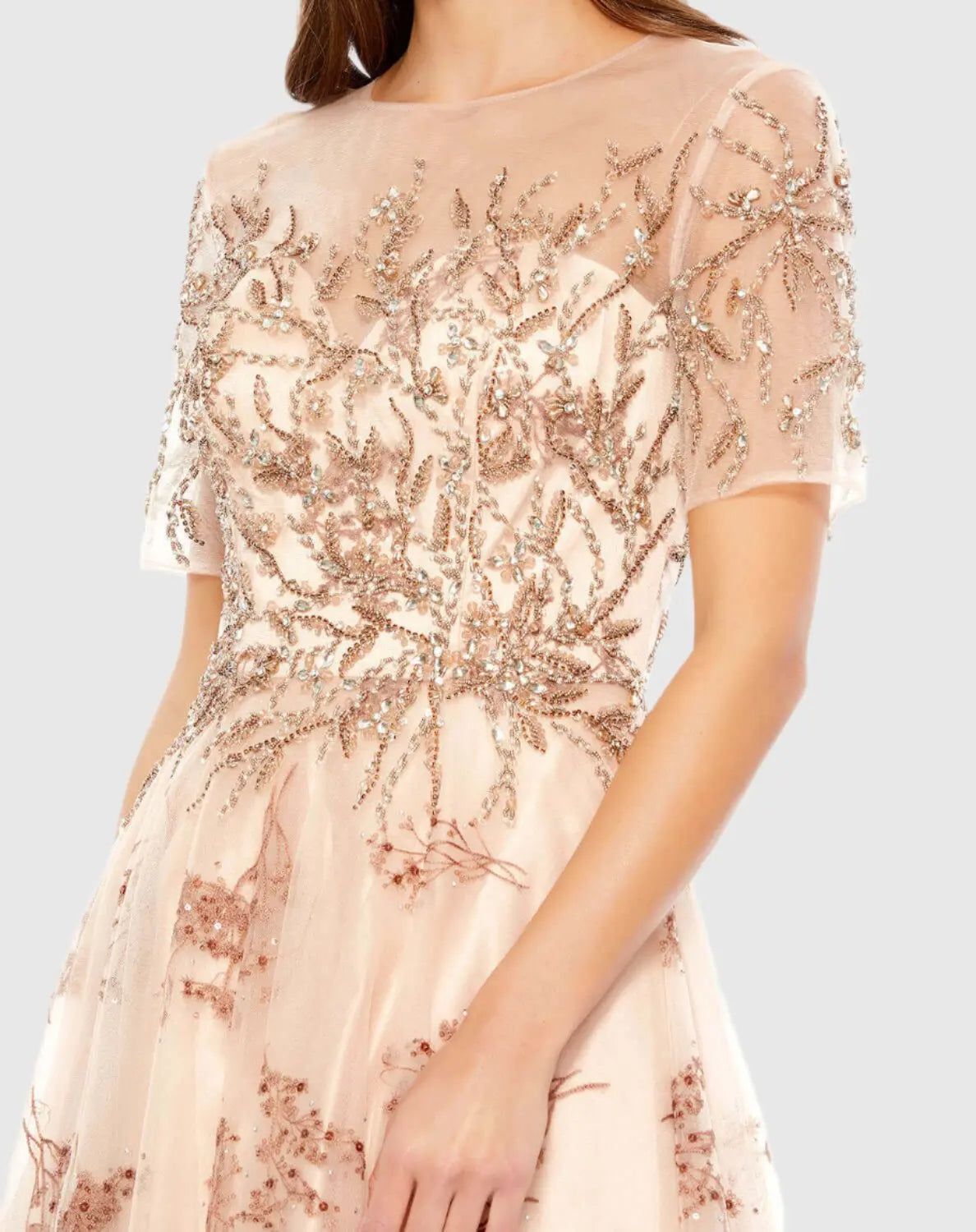 Pink Embellished Illusion Short Sleeve A Line Gown