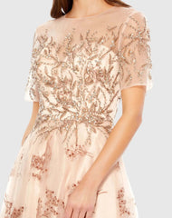 Pink Embellished Illusion Short Sleeve A Line Gown