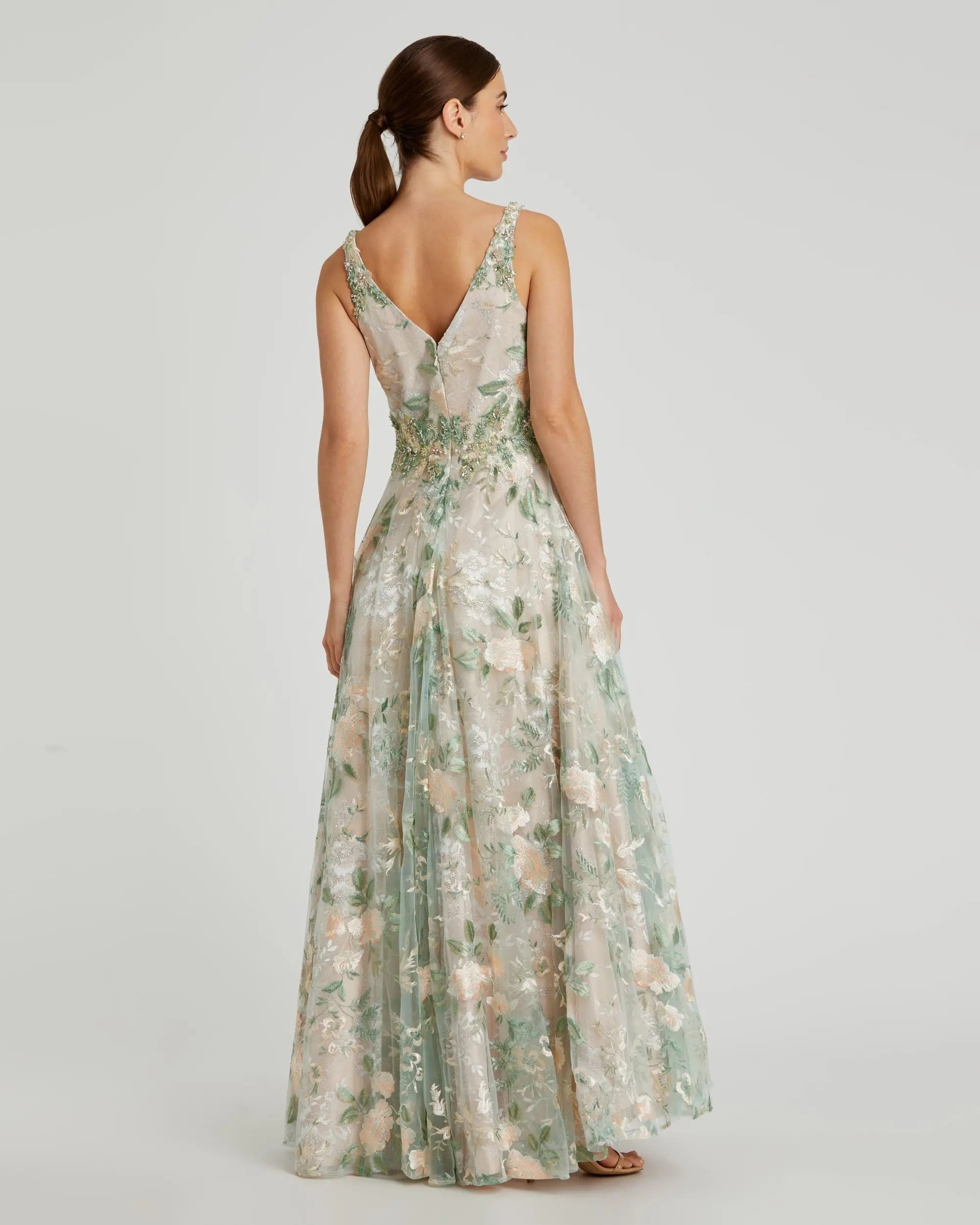 Multicolor Floral Embroidered Illusion V-Neck Gown