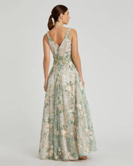 Multicolor Floral Embroidered Illusion V-Neck Gown