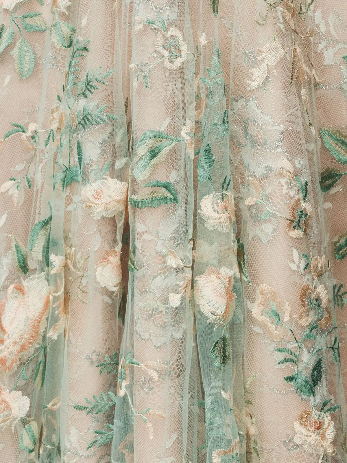 Multicolor Floral Embroidered Illusion V-Neck Gown