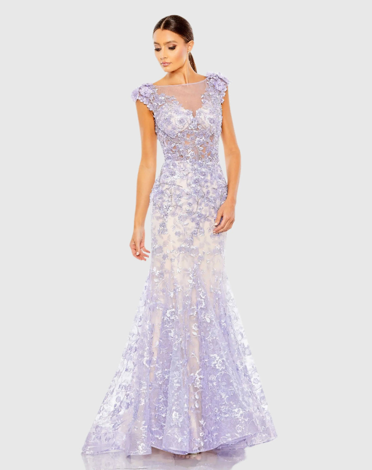 Purple Embellished Cap Sleeve Illusion Neck Trumpet Gown