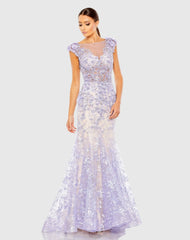 Purple Embellished Cap Sleeve Illusion Neck Trumpet Gown