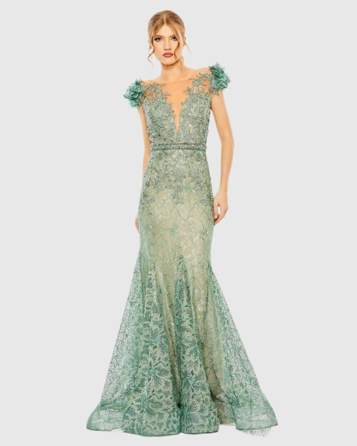 Green Embroidered Illusion Appliqued Bodice Trumpet Gown