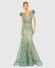 Green Embroidered Illusion Appliqued Bodice Trumpet Gown