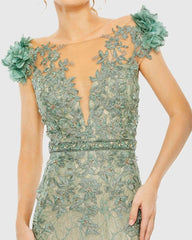 Green Embroidered Illusion Appliqued Bodice Trumpet Gown