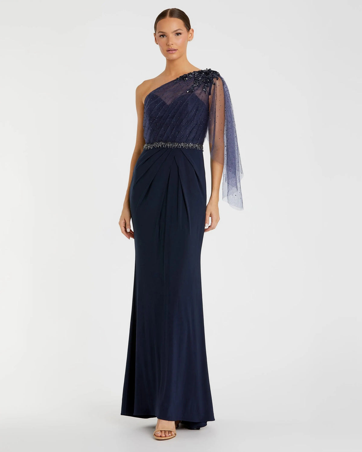 Navy Embellished One Shoulder Draped Gown