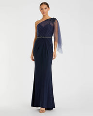 Navy Embellished One Shoulder Draped Gown