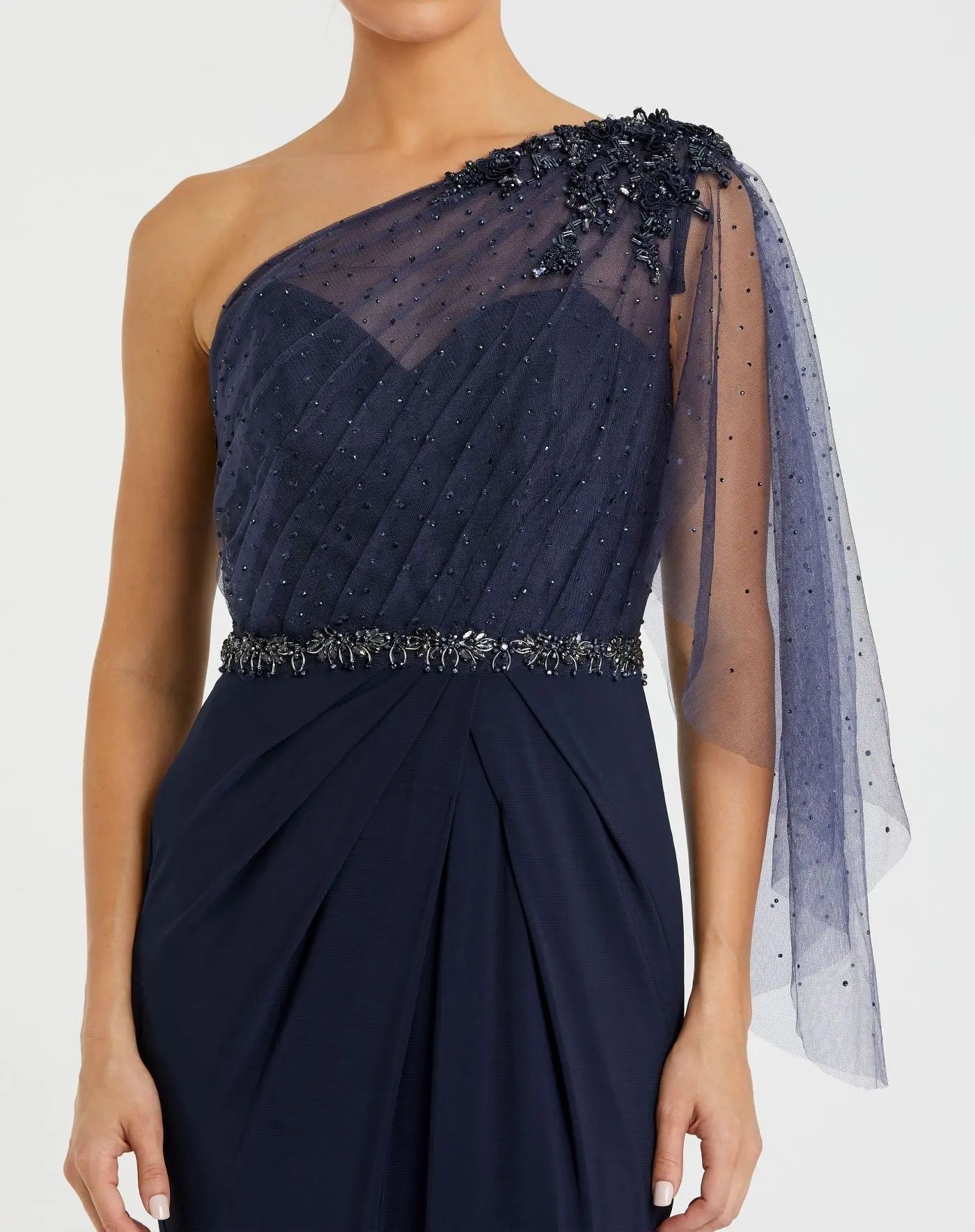 Navy Embellished One Shoulder Draped Gown