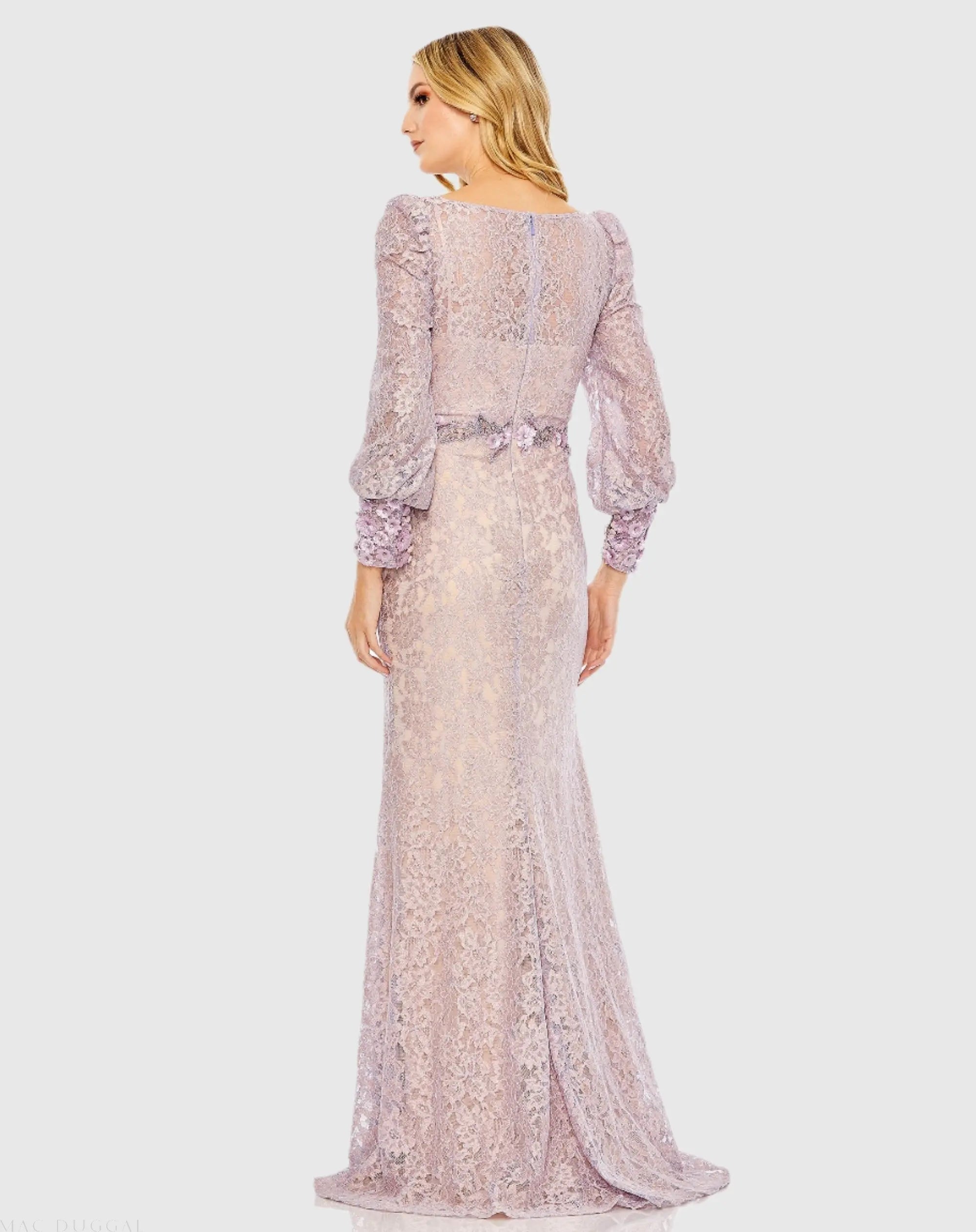 Purple Lace Long Sleeve V Neck Embellished Gown