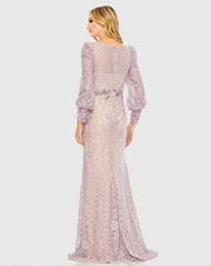 Purple Lace Long Sleeve V Neck Embellished Gown