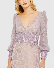 Purple Lace Long Sleeve V Neck Embellished Gown