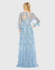 Blue Embroidered Puff Sleeve A-Line Gown
