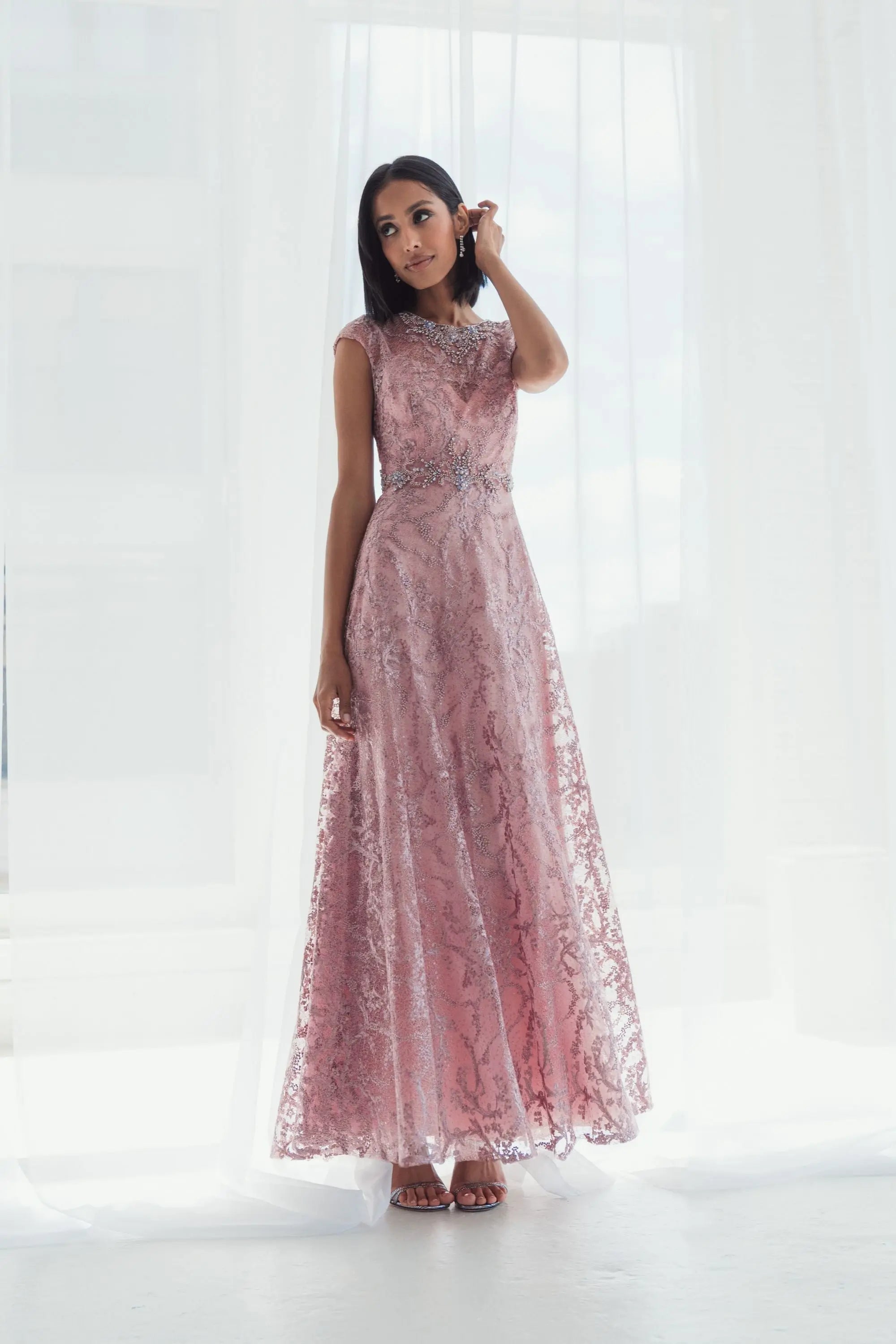 Pink Embroidered Cap Sleeve A Line Gown