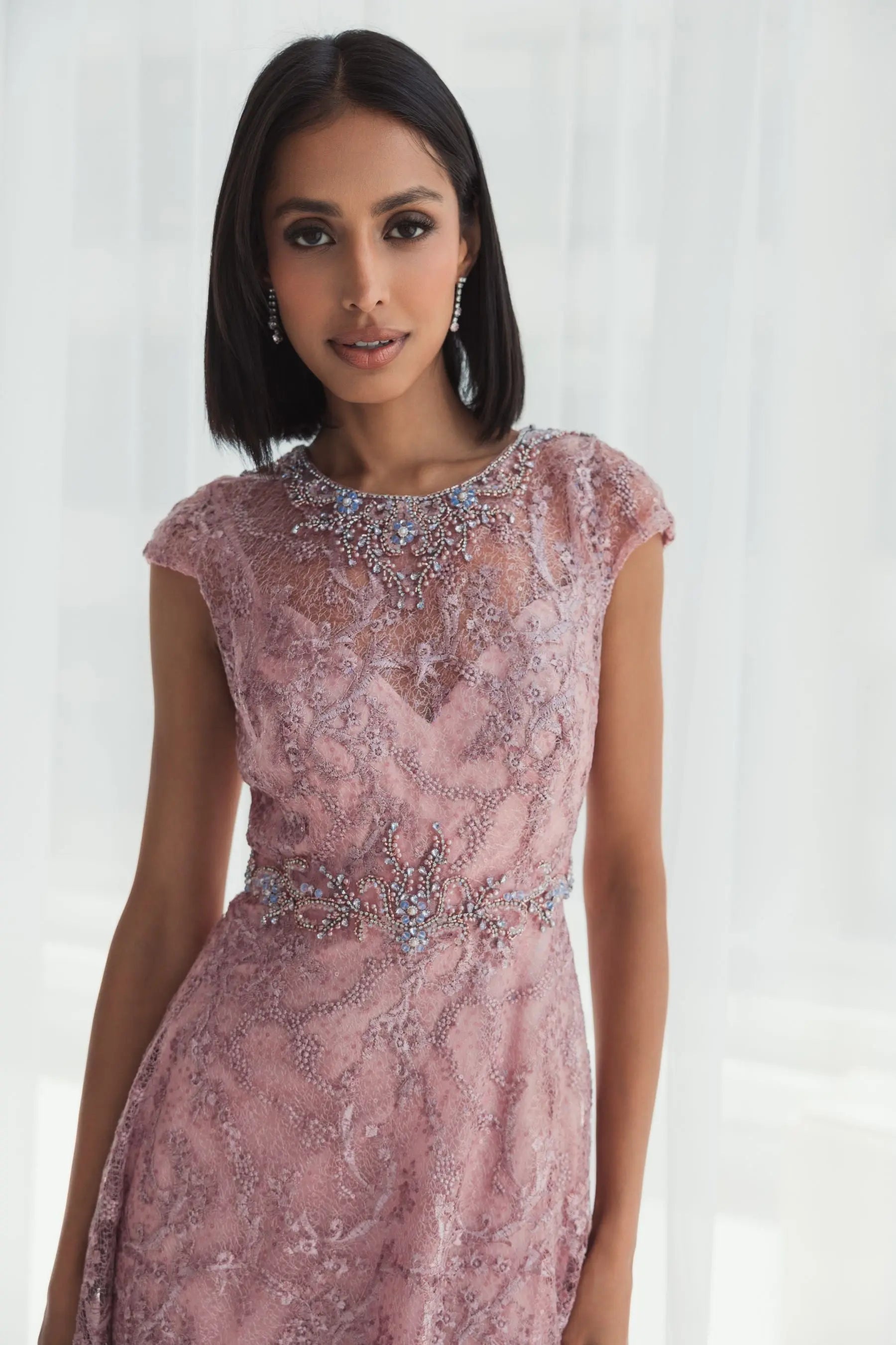 Pink Embroidered Cap Sleeve A Line Gown