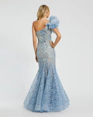 Blue Embellished Tulle Flower Detail Mermaid Gown