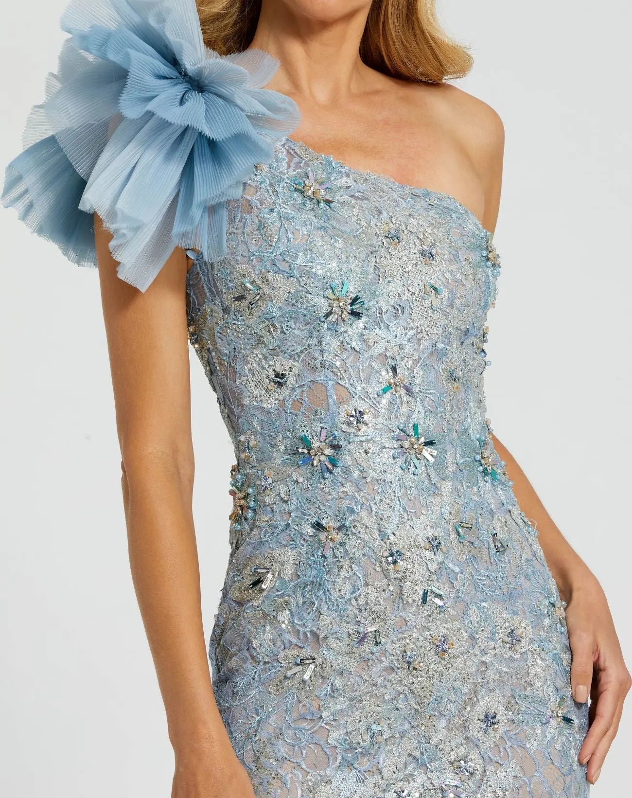 Blue Embellished Tulle Flower Detail Mermaid Gown