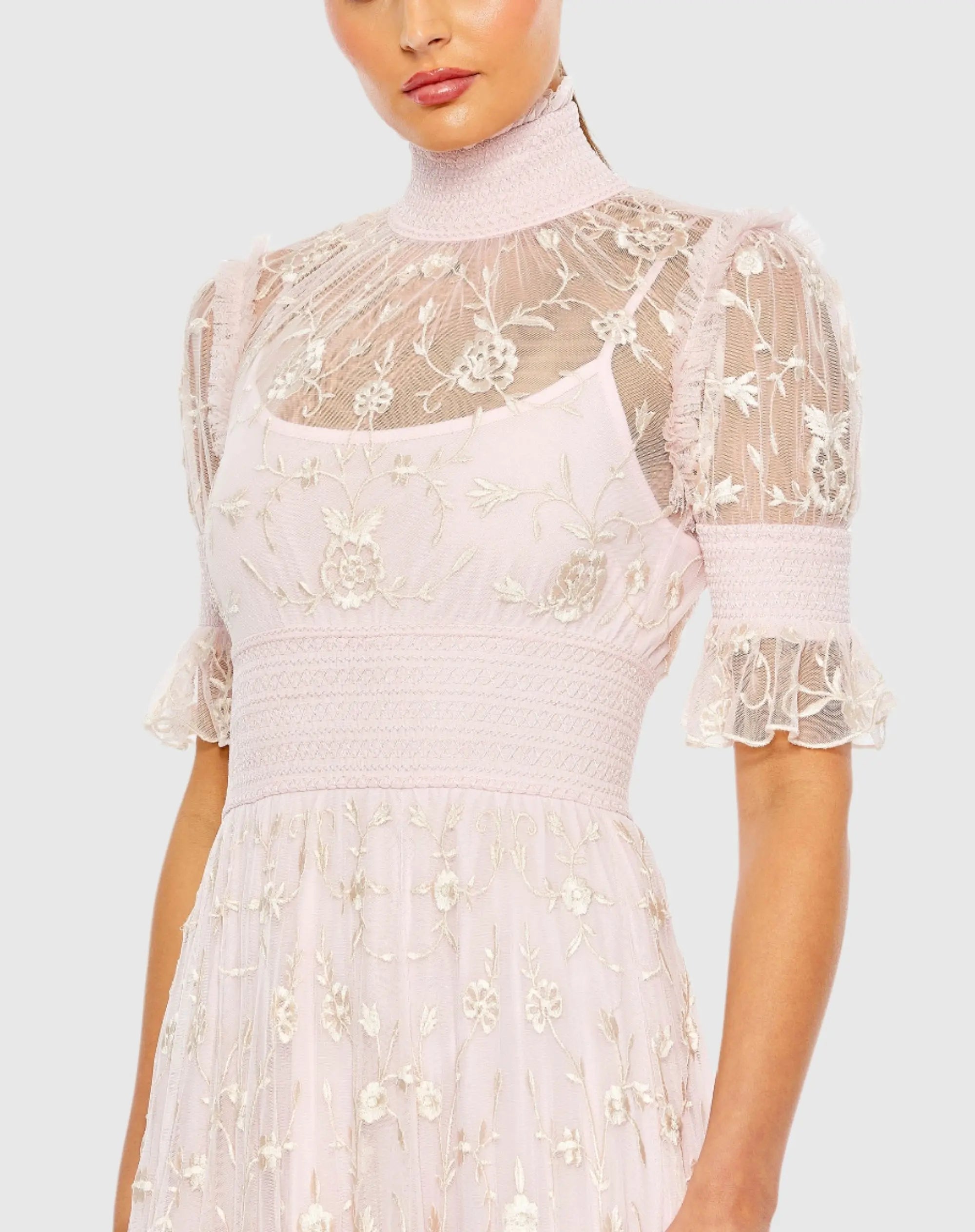 Pink Floral Embroidered Smock Neck Tiered Ruffle Dress