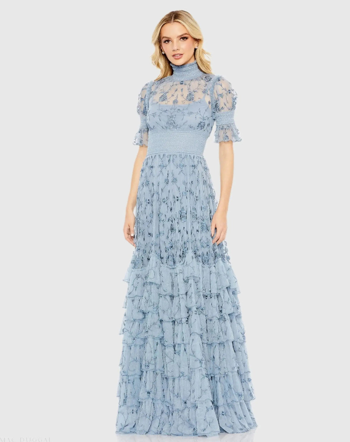 Blue Floral Embroidered Smock Neck Tiered Ruffle Dress