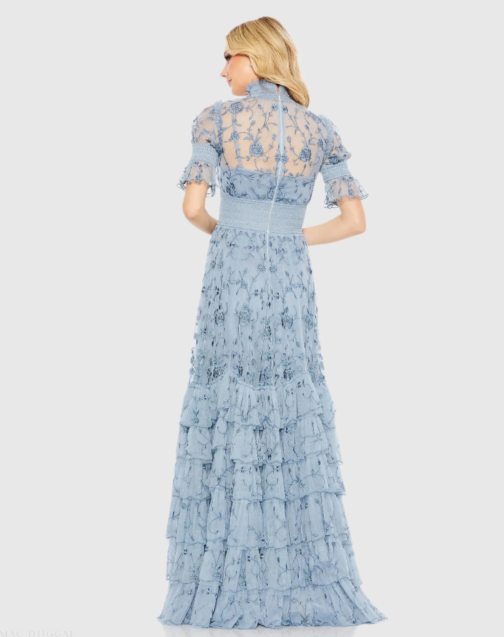 Blue Floral Embroidered Smock Neck Tiered Ruffle Dress