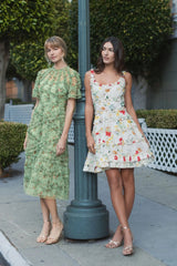 Green Floral Flutter Sleeve Mesh Print Dress