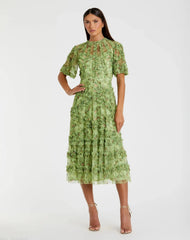 Floral Flutter Sleeve Mesh Print Dress