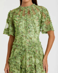 Green Floral Flutter Sleeve Mesh Print Dress