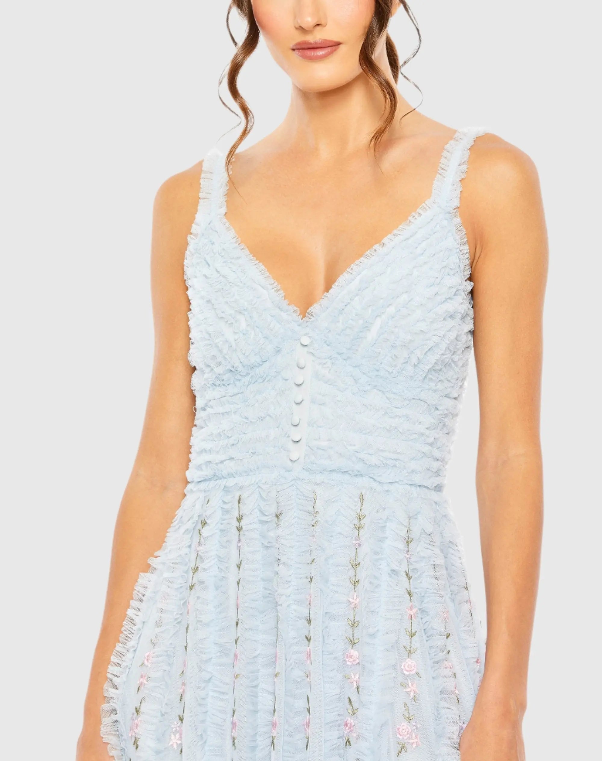 Blue Ruffle Floral Embroidered Detail Midi Dress