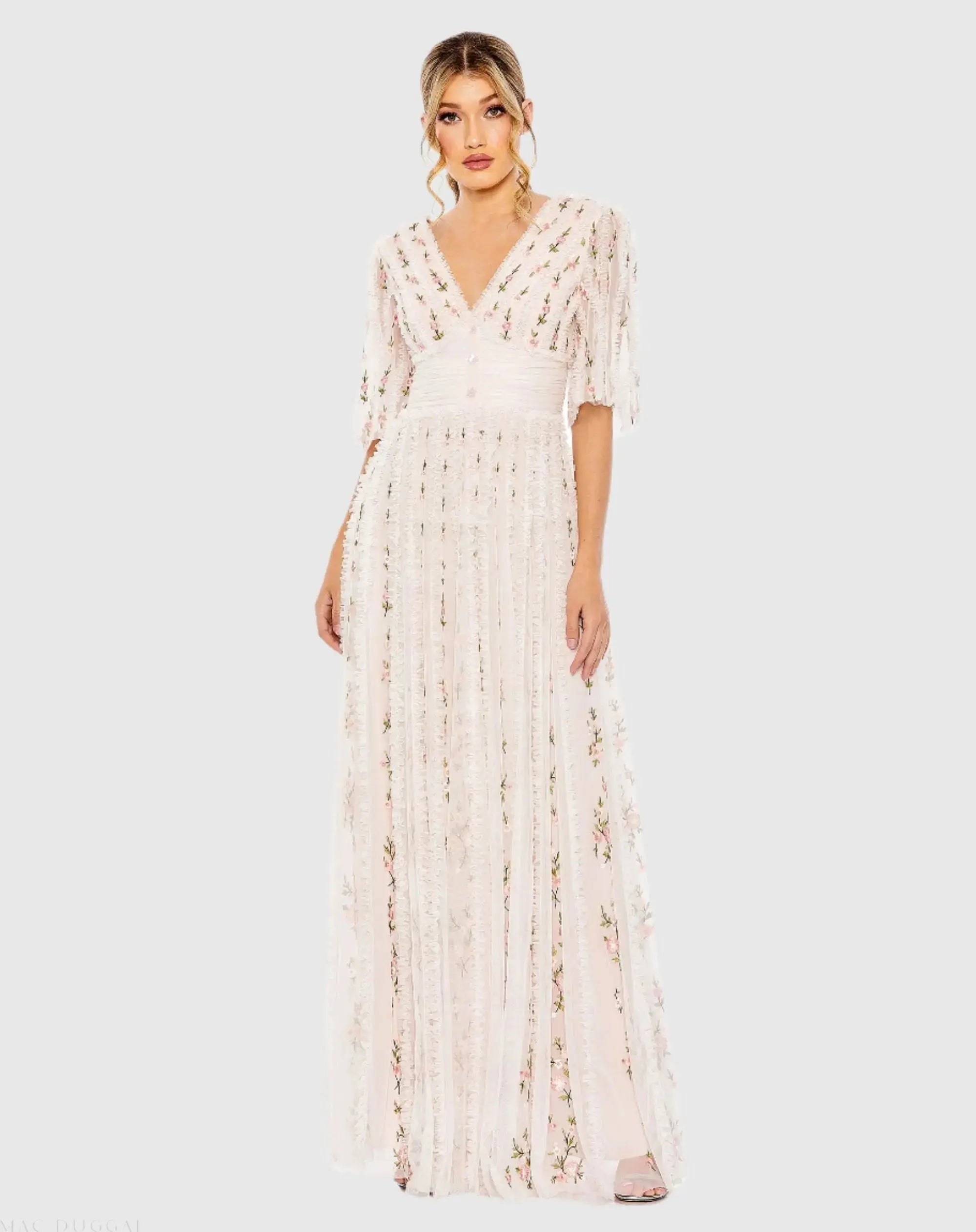 Floral V-Neck Ruffle Detail Empire Waist Gown