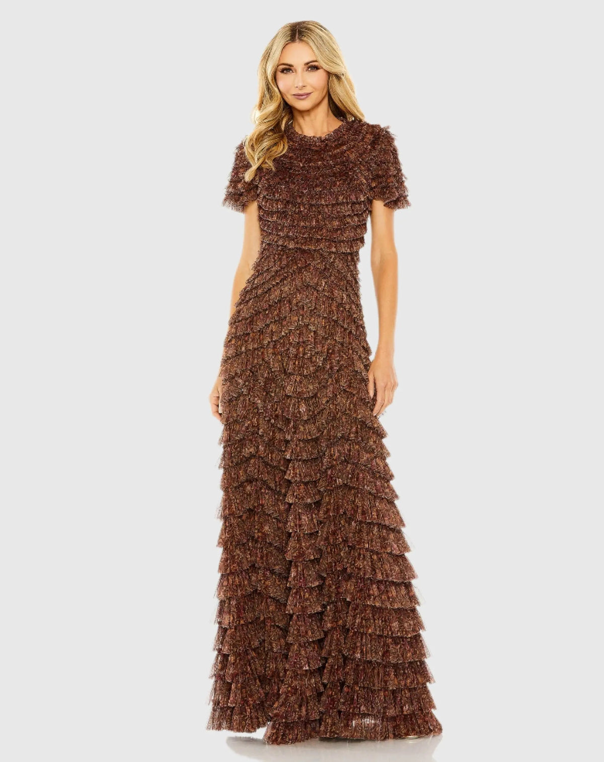 Brown Ruffle Tiered High Neck Gown