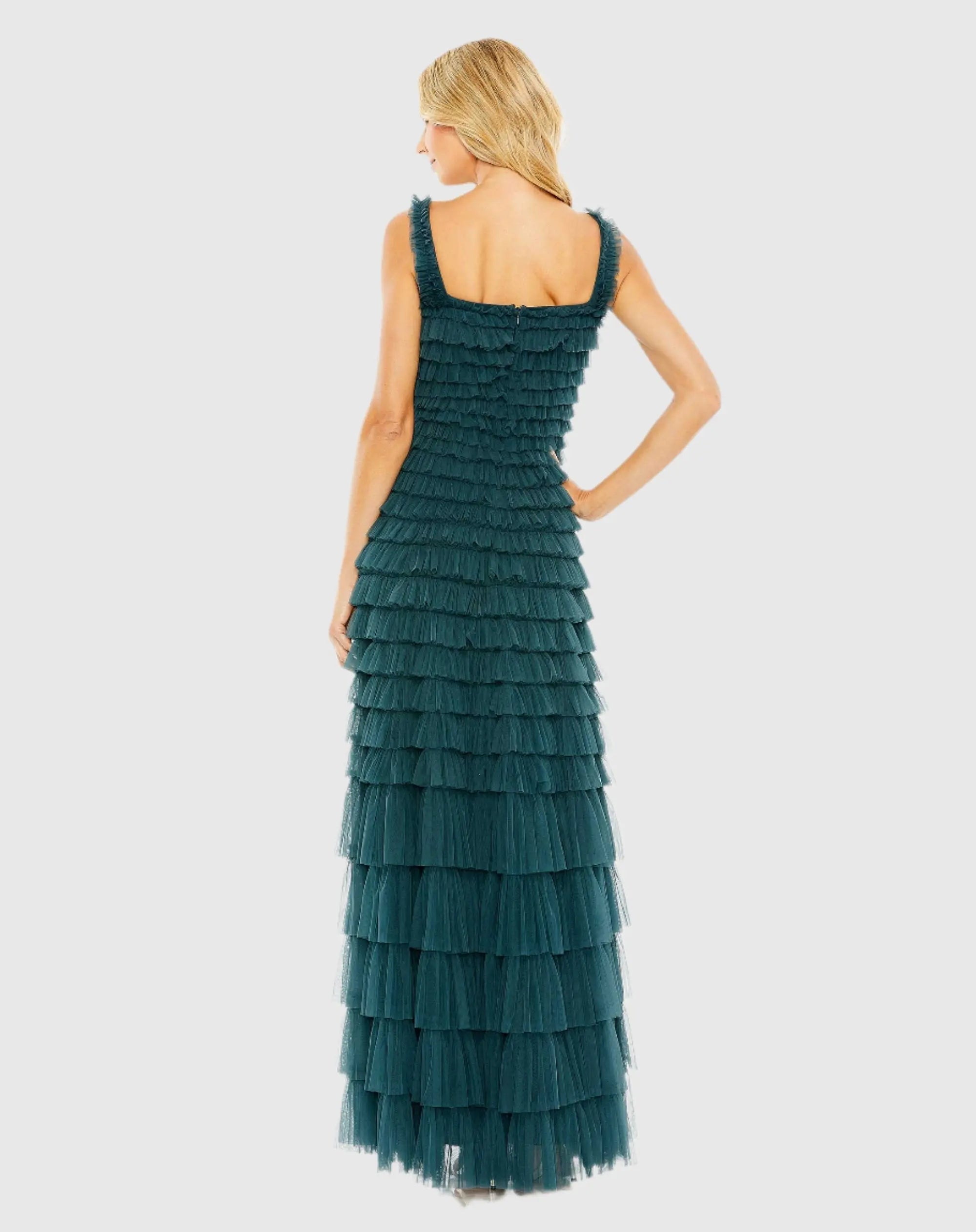 Teal Strapless Ruffle Layered Gown