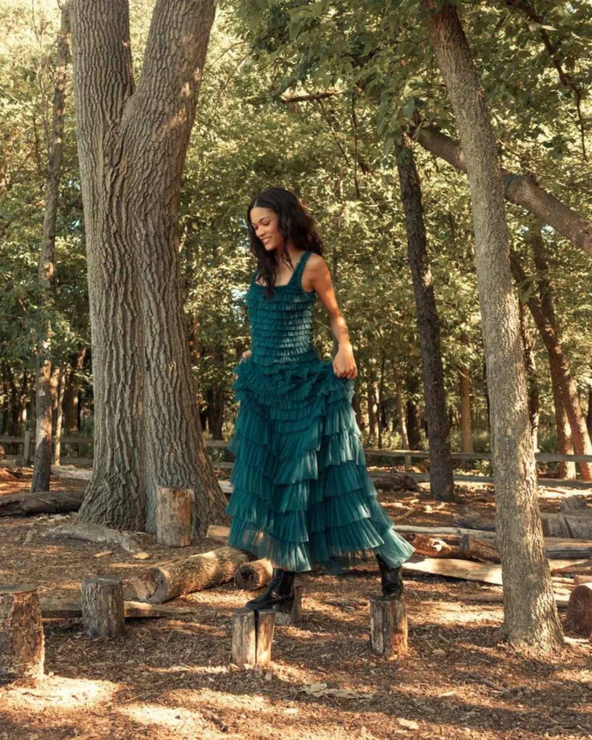 Teal Strapless Ruffle Layered Gown